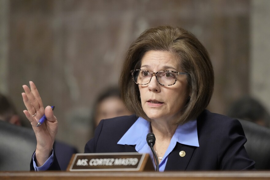 Sen. Catherine Cortez Masto, D-NV., questions Robert F. Kennedy Jr., President Donald Trump's choice to be Secretary of Health and Human Services, as he appears before the Senate Finance Committee for his confirmation hearing, at the Capitol in Washington, Wednesday, Jan. 29, 2025. (AP Photo/Ben Curtis)