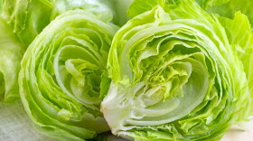 Fresh green iceberg lettuce salad leaves cut on light background on the table in the kitchen