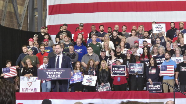 Republican vice presidential nominee JD Vance speaks at a rally in Auburn Hills, Michigan on Wednesday, October 2, 2024.