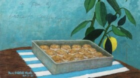 'It was nothing a pan of biscuits couldn't fix' painted by Pam Oldfield Meade while eating one of the biscuits for inspiration. The piece is about how we resolve issues and move on from them.