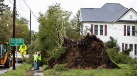 Emergency workers inspect a power line that was damaged by a tree uprooted by Hurricane Florence in Mount Olive, N.C., Sunday, Sep. 16, 2018.