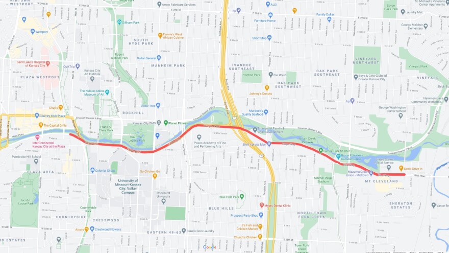 The proposed route runs from Main Street on the west to to Elmwood Avenue on the east.