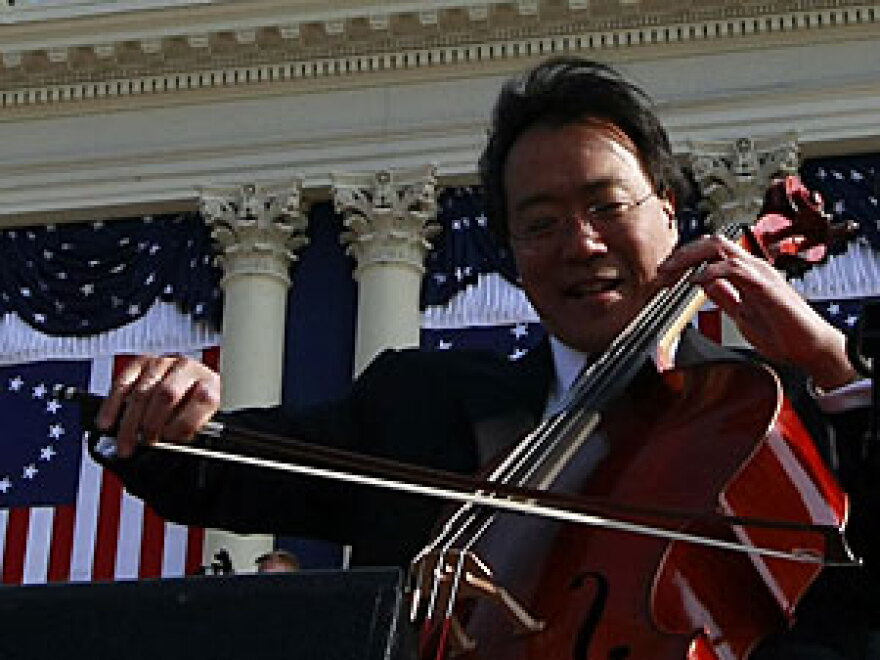 Yo-Yo Ma performs at Tuesday's inauguration. Not pictured, but beside him, are Itzhak Perlman, Anthony McGill and Gabriela Montero.
