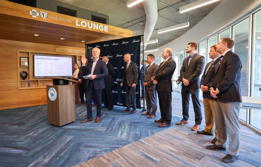 Scott Keogh, president and CEO of Scout Motors, announced Wednesday, Oct. 14, 2026, that seven auto suppliers will invest more than $82 million to help production of electric carmaker Scout cars. The suppliers, spread across Duncan, Piedmont and Spartanburg, will create more than 200 jobs, the company announced.