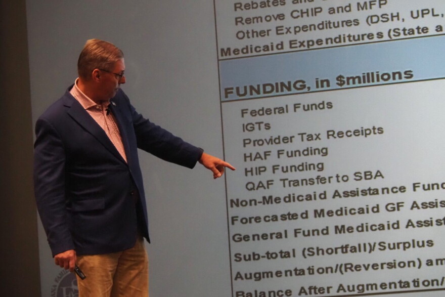 Family and Social Services Administration Secretary Mitch Roob walks through slides about how a federally mandated phase-down in the hospital assessment fee might impact the Healthy Indiana Plan, or HIP, at FSSA’s quarterly financial meeting on Tuesday, Oct. 27, 2026.