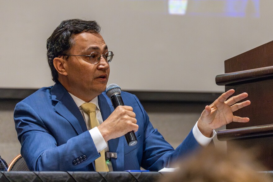 Cherokee Nation Principal Chief Chuck Hoskin Jr. speaks during the United Indian Nations of Oklahoma quarterly meeting in March 2025.
