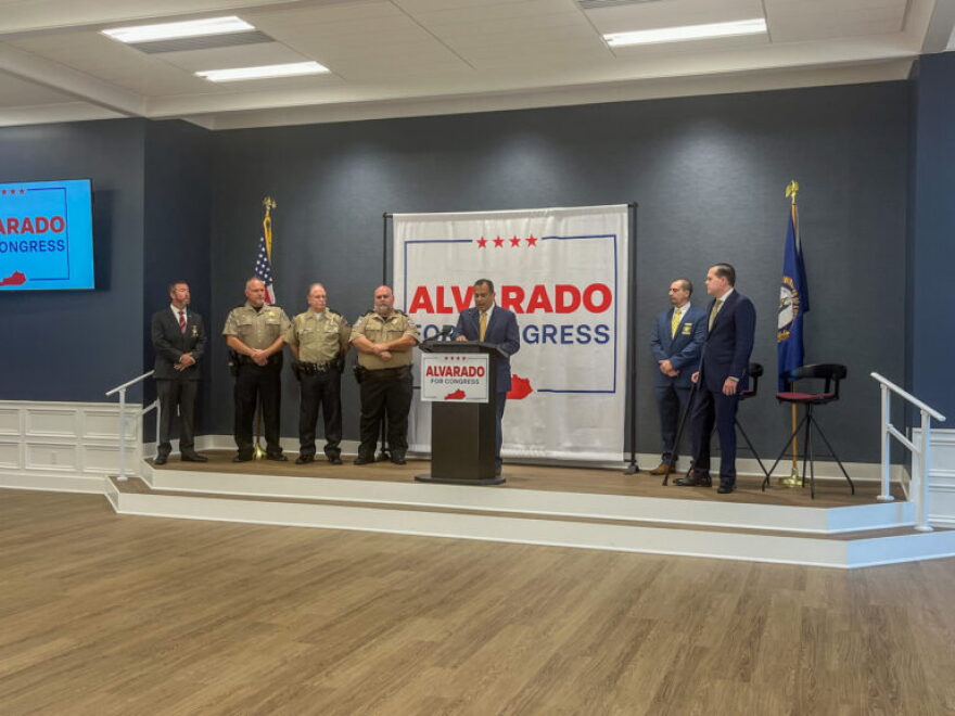 Republican candidate for Congress, Ralph Alvarado, at the podium, accepts an endorsement from the Kentucky Fraternal Order of Police.