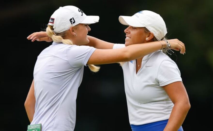 Estero's Gianna Clemente hugs 2021 U.S. Women’s Amateur champion Jensen Castle after defeating her in play Wednesday at the U.S. Amateur Women's Championsip at Bel-Aire Country Club in Los Angeles. Clemente faces Anne Chen, of Sugar Land, Texas, in the Round of 32 today.