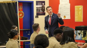 Louisiana Superintendent of Education Cade Brumley speaks to cadets at New Orleans Military and Maritime Academy on Sept. 16, 2026.