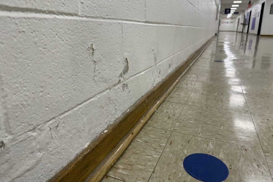 Cracked and damaged walls in a Mathews County school.