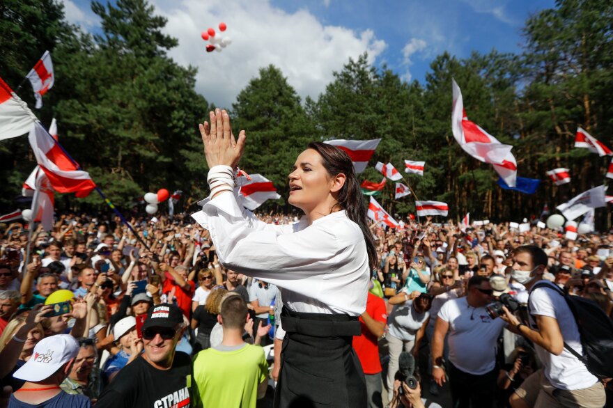 Svetlana Tikhanovskaya, Lukashenko's main challenger, greets supporters in Brest, Belarus, on Aug. 2. She fled to Lithuania under pressure from authorities last week. "People of Belarus have woken up and they do not want to live in fear and lies anymore," she told reporters in the Lithuanian capital Vilnius on Friday.