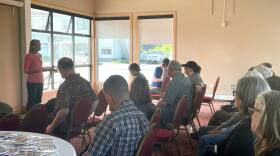 Sen. Lisa Murkowski speaking in Kodiak in May at an event organized by the District 5 Republican Party, which passed a resolution supporting Murkowski earlier this year. (Photo: Kirsten DobrotH/KMXT