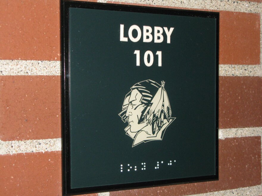 One of the 2,400 Fighting Sioux logos located throughout the University of North Dakota's hockey arena.