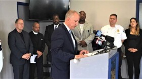 Akron Mayor Dan Horrigan addresses recent shootings during a news conference at the Akron Police Department Monday.