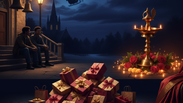 Broadway-style poster showing four holiday scenes: church steps, wrapped gifts, Santa's sleigh with an other-worldly travel companion, and glowing Diwali lamp.