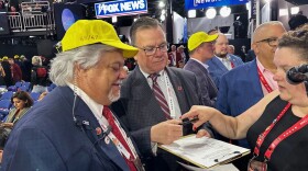 Connecticut Republican Party Chair Ben Proto with former state Rep. John Frey of Ridgefield, who sits on the Republican National Committee, signing a vice presidential petition form at the Republican National Convention in Milwaukee on July 15, 2024.
