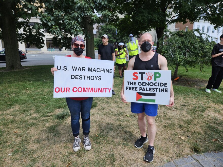 Protestors demonstrating near Democratic Vice President Kamala Harris's presidential campaign fundraiser in downtown Pittsfield, Massachusetts, on July 27th, 2024.