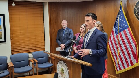 Grand Forks Mayor Brandon Bochenski speaks at a post-Industrial Commission news conference