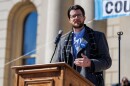 Democratic U.S. House candidate William Lawrence speaks at a No Kings rally at the Michigan Capitol in Lansing, Mich., on March 28, 2026.