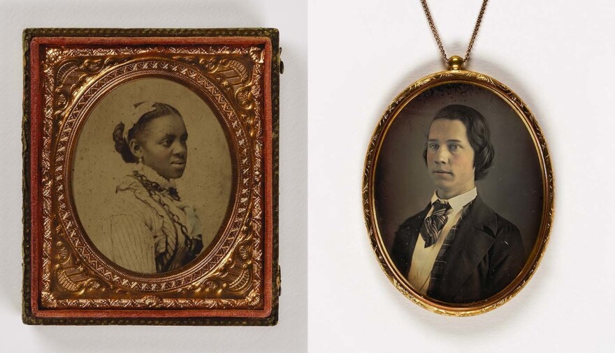 (Left) Unidentified artist, <em>Untitled (woman with hair ribbon)</em>, undated, sixth-plate ambrotype. (Right) Unidentified artist, <em>Untitled (large pendant, young man)</em>, 1840-1849, daguerreotype in metal setting. Smithsonian American Art Museum, the L. J. West Collection of Early American Photography, Museum purchase made possible through the Franz H. and Luisita L. Denghausen Endowment.