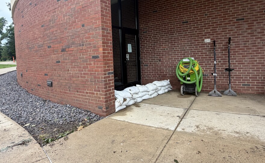 Crews have placed sandbags outside the Center for the Visual Arts on ISU's campus.