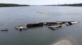 The wreckage of a WWII German warship is seen in the Danube river near Prahovo, Serbia, Monday, Aug. 29, 2022. The worst drought in Europe in decades has not only scorched farmland and hampered river traffic, it also has exposed a part of World War II history that had almost been forgotten. The hulks of dozens of German battleships have emerged from the mighty Danube River as its water levels dropped. (Darko Vojinovic/AP)