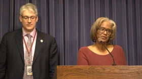Sen. Doris Turner, D-Springfield, right, speaks at a news conference Thursday. Turner is working with Sen. Mike Halpin, D-Rock Island, on a bill that would regulate commercial volume on streaming services.