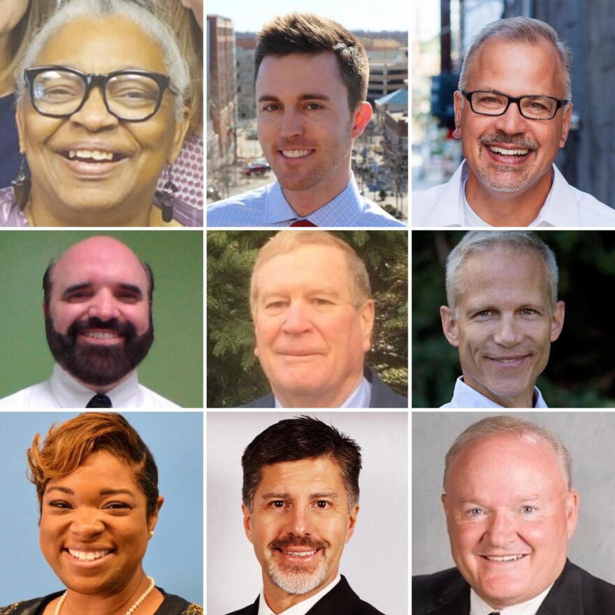 Normal Town Council candidates, each row left to right,  Donna Toney, Scott Preston, David Paul Blumenshine, Karl Sila, Steve Harsh, Kevin McCarthy, Chemberly Cummings, AJ Zimmerman, and Brad McMillan.