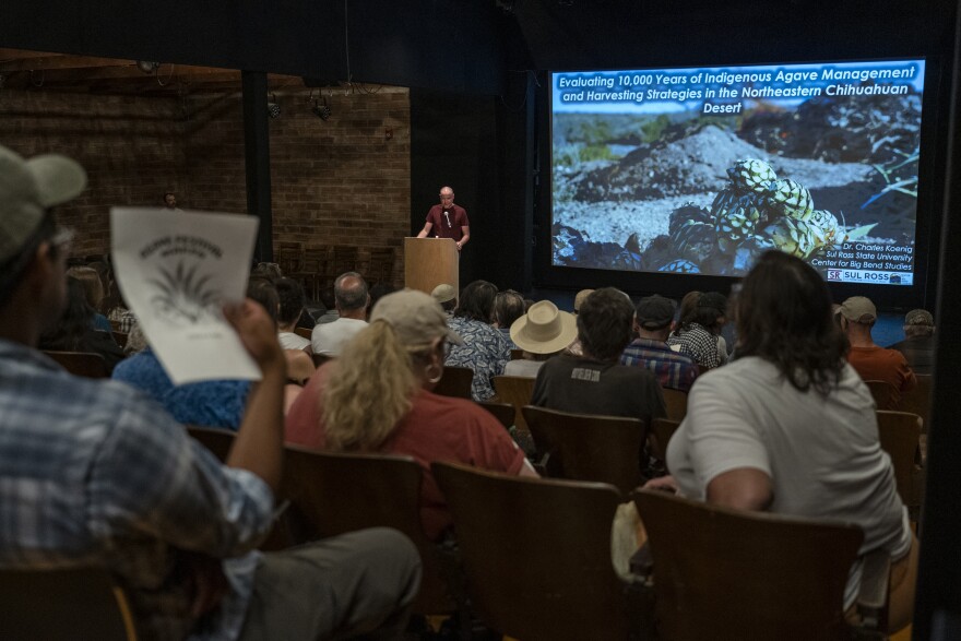 Agave Festival organizer Tim Johnson introduces a lecturer Friday, June 7, 2024 at the Crowley Theater in Marfa.