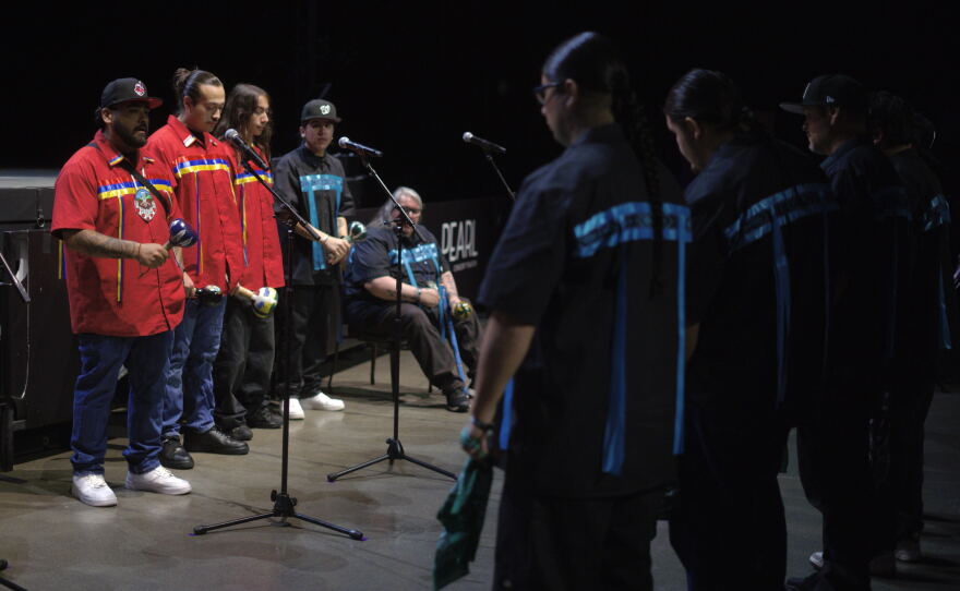Traditional dances and songs were shared with the public on Indigenous People's Day, on Oct. 12, 2026, at the Palms Resort Casino. (Jimmy Romo/KNPR)