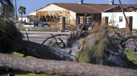 Damage from Hurricane Michael is evident on the buildings at Tyndall Air Force Base, Fla., on Sunday, Oct. 14. (Carlos Munoz/Sarasota Herald-Tribune via AP)