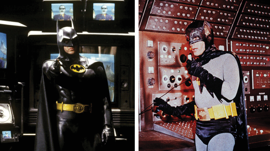 Michael Keaton's grittier Batman (left) and Adam West's more campy version (on the right) are just two of the many iterations of Bat-mania.