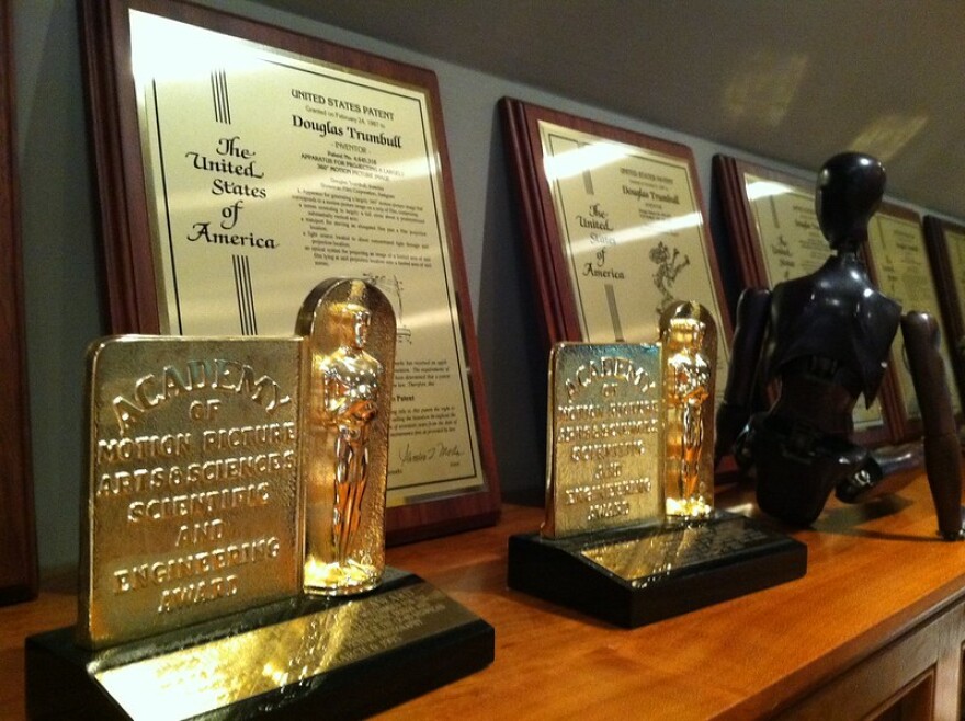 Awards and plaques in Doug Trumbull's screening room in the Berkshires