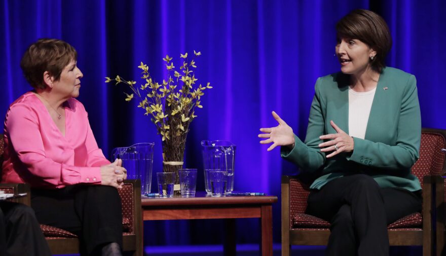 U.S. Rep. Cathy McMorris Rodgers, right, traded policy ideas with her Democratic opponent Lisa Brown during a debate Sept. 19, 2018, in Spokane. CREDIT: AP PHOTO/TED S. WARREN