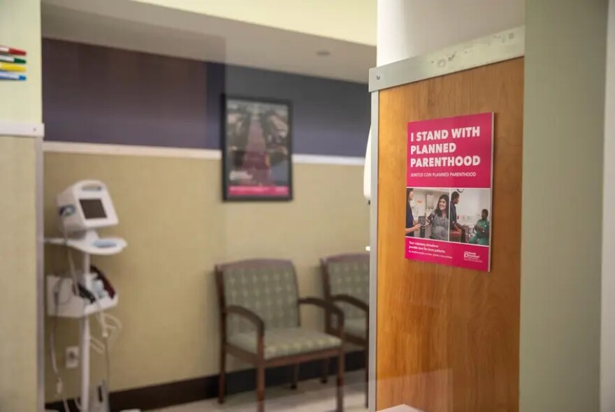 A sign about donations to the organization is posted inside of the North Austin Planned Parenthood clinic on Oct. 1, 2025