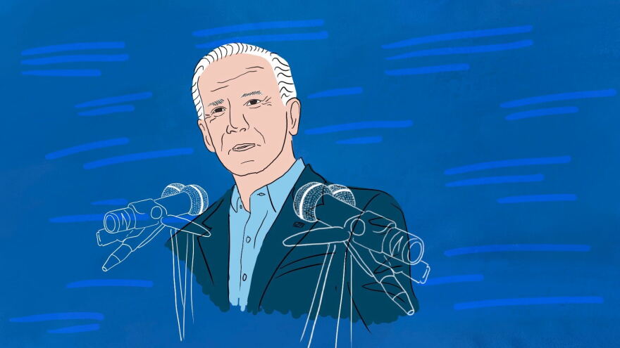 illustration of Joe Biden standing behind microphones in front of a blue background