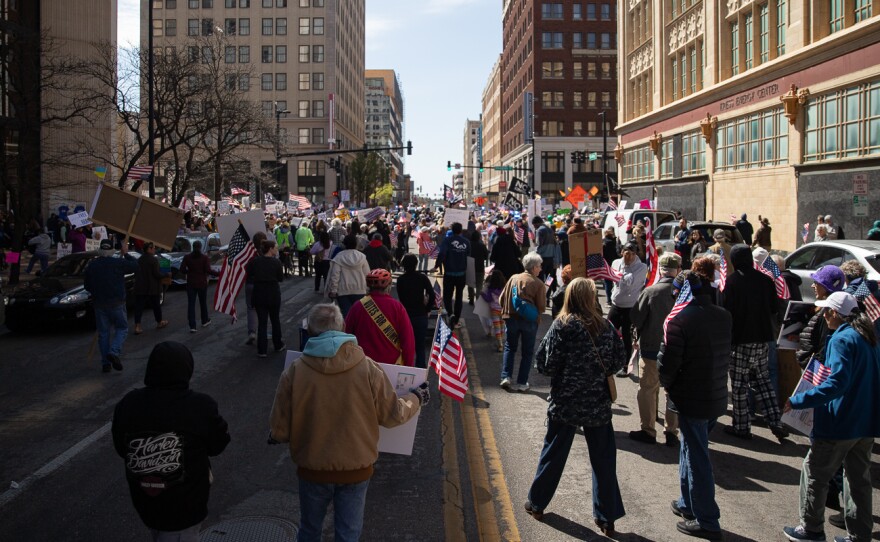 Demonstrators march down Broadway during the No Kings protest on Saturday, March 28, 2026.