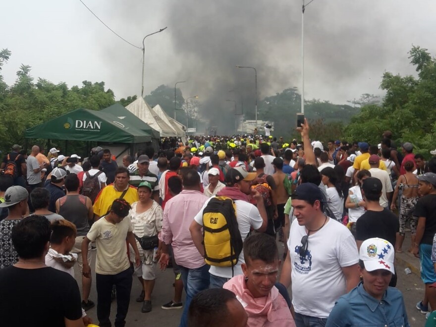 An aid trucks burns on the bridge between Venezuela and Colombia.