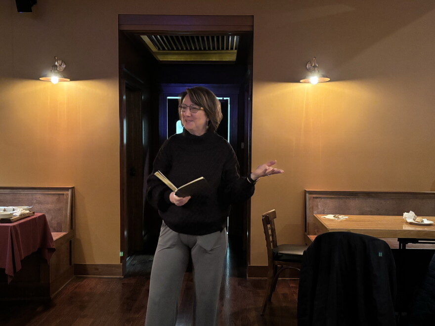 Normal mayoral candidate Kathleen Lorenz talks to her supporters at Stave in Uptown Normal.