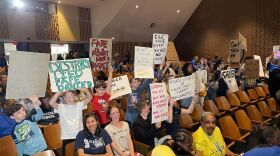 Students protest teacher layoffs inside the Cleveland Board of Education meeting at East Professional Center Tuesday in Cleveland.