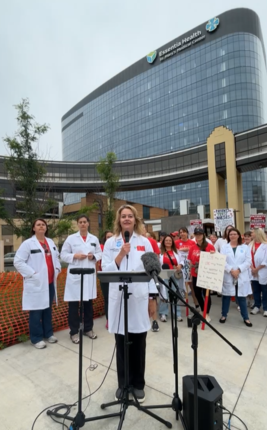 Nerissa Boehm, a nurse practitioner and cardiology specialist at Essentia Health-Virginia, speaks at a Minnesota Nurses Association news conference outside Essentia Health St. Mary's Medical Center in Duluth on July 22, 2025.