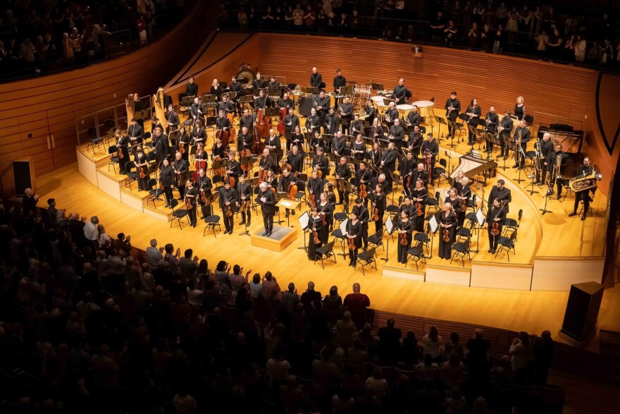 Michael Stern and the Kansas City receive an ovation inside Helzberg Hall at the Kauffman Center for the Performing Arts, May 2024