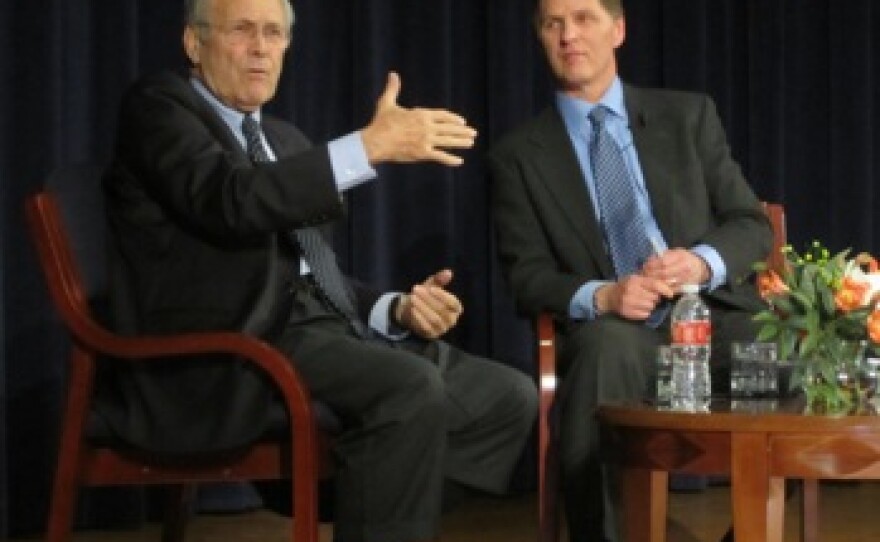 Former Defense Secretary Donald Rumsfeld and KCUR's Steve Kraske