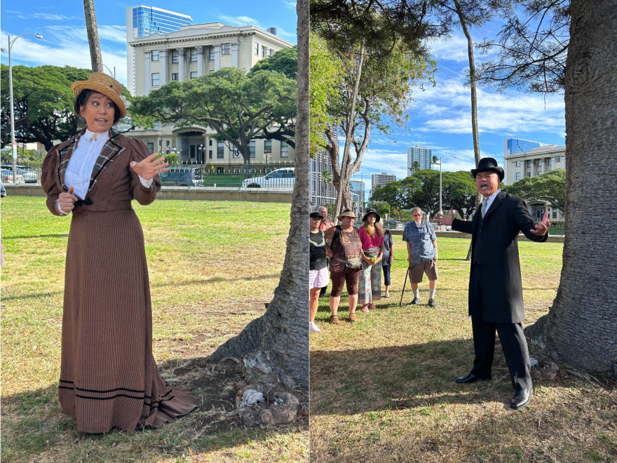 Actors on the ʻIolani Palace grounds for the MaiPoina: The Overthrow walking tour.