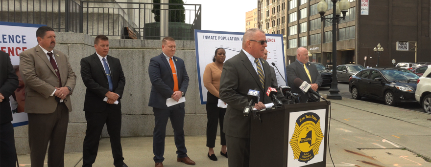 NYSCOPBA President Mike Powers speaks to reporters in Albany on Monday, May 10, 2021.