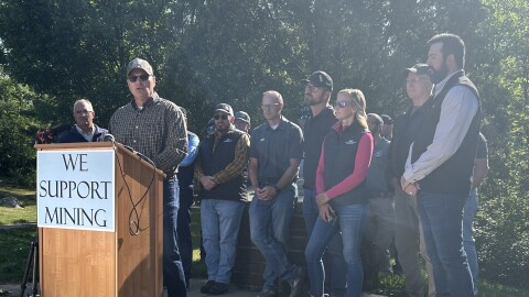 State officials and local mayors joined Congressman Pete Stauber of Hermantown on Aug. 19, 20216 on the Laurentian Divide Geological Marker north of Virginia.