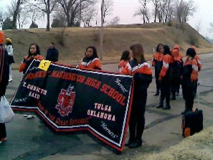 The Washington High entry prepares to the Tulsa parade.