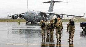 Alaska Organized Militia members from across the Alaska Army National Guard, and the Alaska State Defense Force, prepare for departure from Joint Base Elmendorf-Richardson as they travel to Bethel, Alaska, while supporting storm response operations, Oct. 13, 2025.