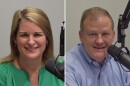 Side-by-side pictures of a woman and man smiling next to a microphone