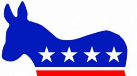 A red, white, and blue donkey, symbolizing the Democratic party